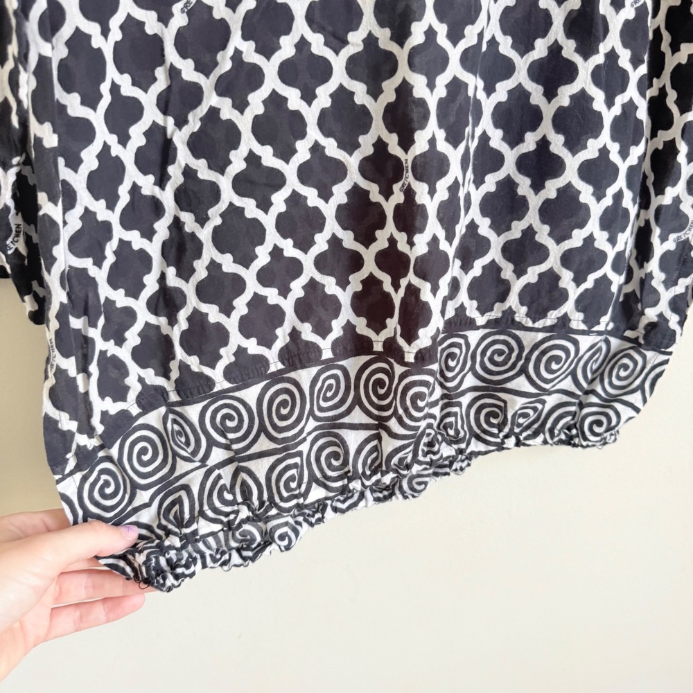 Gretchen Scott Black White Quatrefoil Cotton Cowl Neck Tunic Bubble Hem Top L - Picture 3 of 5